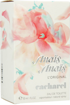 Białe pudełko wody toaletowej Anais Anais L'Original Cacharel 30ml, z kwiatowym wzorem, widok z przodu i boku.