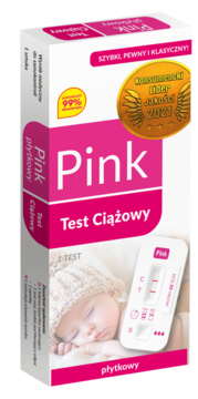 Różowo-białe opakowanie testu ciążowego Pink płytkowy, ze zdjęciem dziecka i pozytywnym wynikiem testu.