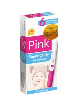Pink Test Super Czuły domowy test ciążowy strumieniowy w różowo-białym pudełku z dzieckiem, widok pod kątem.