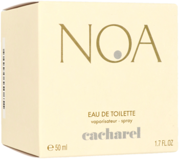 Jasne beżowe pudełko perfum Cacharel Noa Eau de Toilette 50ml, z widocznym logo, widok z przodu pod kątem.