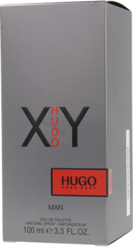 Hugo Boss XY Man woda toaletowa, szare pudełko z dużym napisem XY i czerwonym logo, 100 ml.