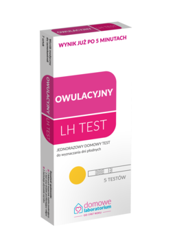 Opakowanie LH TEST test owulacyjny, białe z różowymi i żółtymi detalami, widok lekko z boku.
