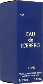 Granatowe pudełko Iceberg Eau de Iceberg Cedar, drzewno-wodna woda toaletowa dla mężczyzn, widok z przodu.