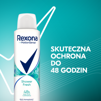 Rexona Shower Fresh 48h damski antyperspirant w sprayu, biała butelka z niebieskim logiem i tekstem '48 GODZIN'.