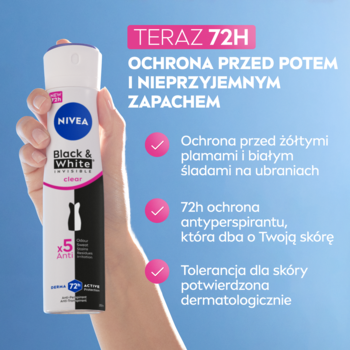 Biały antyperspirant NIVEA Black & White Clear w dłoni, z infografiką o 72h ochronie przed plamami.