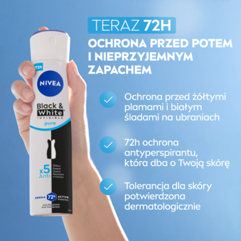 NIVEA Black & White Pure antyperspirant w sprayu, biała butelka, trzymany w dłoni. 72h ochrona przed potem i plamami.