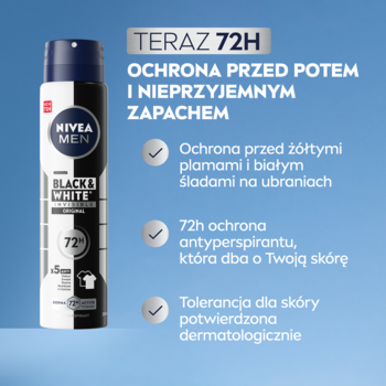 NIVEA MEN Black & White antyperspirant spray 72h ochrona przeciw plamom, w czarno-białej butelce na niebieskim tle.