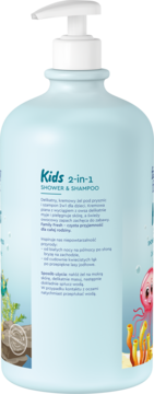 Tył niebieskiej butelki Family Fresh Kids 2-w-1 z pompką, napisem Shower & Shampoo i morskimi obrazkami.