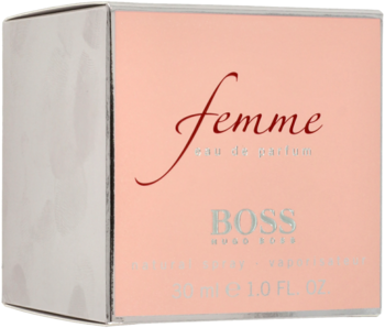 Woda perfumowana Hugo Boss Femme 30ml, różowe pudełko z napisem femme i logo, widok z przodu pod kątem.