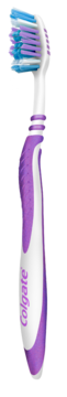 Szczoteczka do zębów Colgate ZigZag MEDIUM, fioletowo-biała rączka, niebiesko-fioletowe zygzakowate włosie, widok z boku.