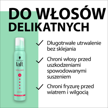 Schwarzkopf Taft Volume pianka do włosów delikatnych, turkusowa butelka, z tekstem o ochronie i utrwaleniu.