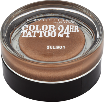 Maybelline Color Tattoo 24HR, kremowy cień do powiek w kolorze brązowego beżu, w szklanym słoiczku z czarną nakrętką, widok z góry.