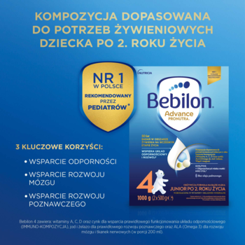 Niebieskie opakowanie Bebilon Advance Pronutra 4, widok z przodu, nr 1 w PL, wspiera odporność dzieci po 2. roku.