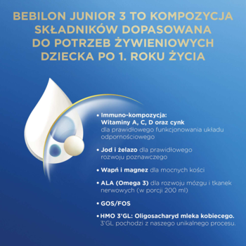 Bebilon Junior 3: mleko modyfikowane dla dzieci po 1. roku. Infografika z kroplą i listą składników dla rozwoju i odporności.