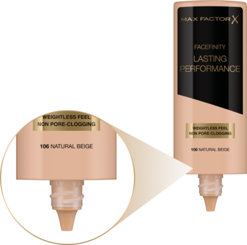 Podkład Max Factor Facefinity Lasting Performance, odcień Natural Beige, zbliżenie na pompkę i tekst "nie zatyka porów".