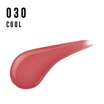 Max Factor Lipfinity Lip Colour 030 Cool, błyszcząca, czerwonoróżowa smuga pomadki na białym tle.
