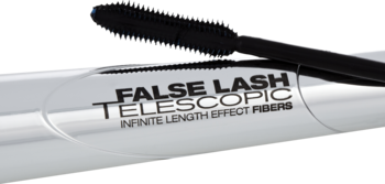 Biały tusz L'Oréal False Lash Telescopic, napis "Infinite Length Effect Fibers" i czarna szczoteczka.