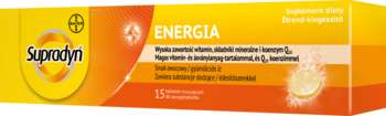 Żółto-pomarańczowe opakowanie Supradyn Energia, suplementu diety, z napisem ENERGIA i musującą tabletką, widok z przodu.