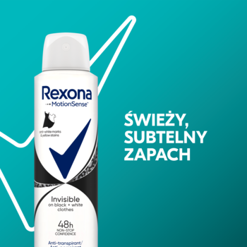 Rexona Invisible Black+White damski antyperspirant w czarno-białej butelce sprayu, widok z przodu.