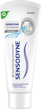 Biała tuba pasty Sensodyne Odbudowa i Ochrona Whitening, przód, z niebieskim logo i grafiką zęba z DNA.