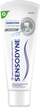 Biała tubka pasty do zębów z fluorem Sensodyne Odbudowa i Ochrona Whitening, widok z przodu, z niebieskimi napisami i logo.