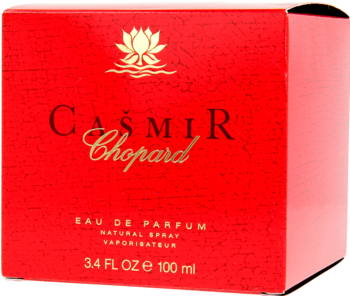 Chopard Casmir, woda perfumowana w czerwonym, teksturowanym pudełku ze złotym logo lotosu, widok z przodu.