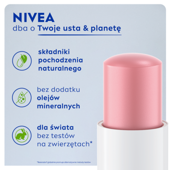Różowa pomadka NIVEA w sztyfcie z widocznymi cechami: składniki naturalne, bez olejów, bez testów na zwierzętach.
