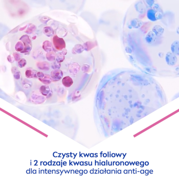 Kwas foliowy i hialuronowy NIVEA: transparentne sfery z różowymi i niebieskimi pęcherzykami, składniki anti-age.