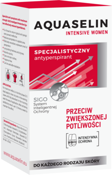 Biało-czerwone opakowanie Aquaselin Intensive Women, specjalistyczny antyperspirant, intensywna ochrona dla kobiet.