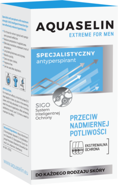 Białe opakowanie antyperspirantu Aquaselin Extreme for Men przeciw nadmiernej potliwości, widok z przodu.
