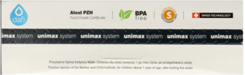 Baner Dafi: logo, unimax system, certyfikaty PZH, BPA Free i MADE IN EU. Opis filtracji wody.