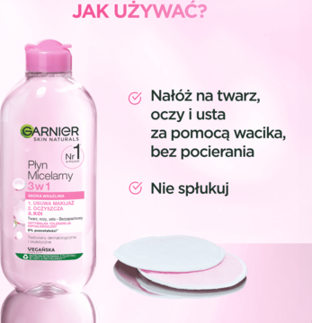 Garnier Płyn Micelarny 3w1 dla skóry wrażliwej, różowa butelka, widok z przodu, z instrukcjami użycia i wacikami.