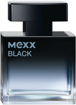 Mexx Black woda toaletowa w prostokątnej butelce z czarną nakrętką, gradacyjnym szkłem i niebieską esencją, widok z przodu.