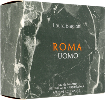 Laura Biagiotti Roma Uomo, orientalno-drzewne perfumy w marmurowym, ciemnoszarym pudełku, widok z przodu.