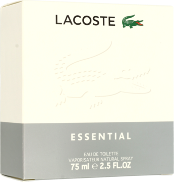 Białe opakowanie Lacoste Essential wody toaletowej 75ml, z zielonym logo krokodyla, widok z przodu.