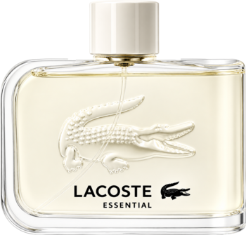 Lacoste Essential EDT dla mężczyzn. Przezroczysta butelka z żółtym płynem, biały wytłoczony krokodyl, kremowa zakrętka.