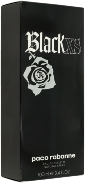 Paco Rabanne Black XS, czarne pudełko perfum z gotyckim srebrnym logo i różą, 100 ml, widok z przodu.