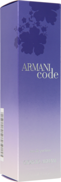 Damska woda perfumowana Armani Code w pionowym fioletowym pudełku, z kwiatowymi wzorami, widok z przodu.