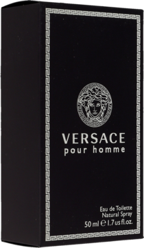 Czarne opakowanie wody toaletowej Versace Pour Homme, srebrne detale z ikoną Meduzy, widok z przodu pod kątem.
