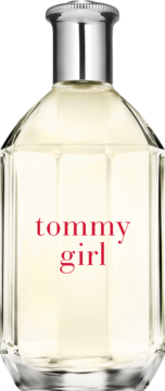 Perfumy Tommy Girl w przezroczystej, fasetowanej butelce z różowym napisem i srebrną zakrętką, widok z przodu.