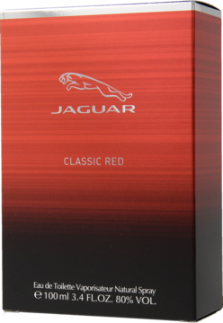 Czerwono-czarne pudełko perfum Jaguar Classic Red 100ml EDT, widok z przodu, z logo jaguara.