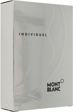 Mont Blanc Individuel drzewno-orientalna woda toaletowa, srebrne pudełko z logo, widok z przodu pod kątem.