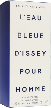 Białe opakowanie Issey Miyake L'Eau Bleue D'Issey Pour Homme aromatyczno-drzewnej EDT, widok z przodu.