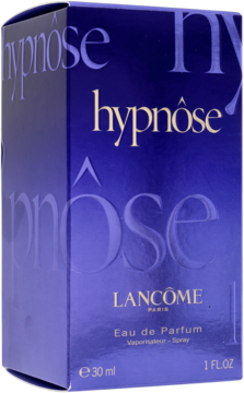 Granatowo-fioletowy kartonik Lancome Hypnose Eau de Parfum 30ml, ze złotymi napisami, widok z przodu.