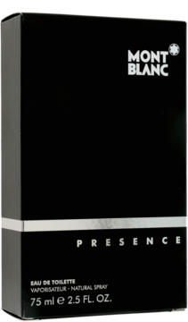 Czarne pudełko perfum Mont Blanc Presence Eau de Toilette 75 ml dla mężczyzn, widok z przodu pod kątem.