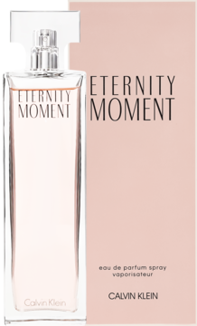 Damska woda perfumowana Eternity Moment Calvin Klein. Szklana butelka obok różowego pudełka, widok z przodu.