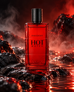Czerwony flakon Davidoff Hot Water, perfumy męskie, na tle dymiących wulkanicznych skał i czerwonej wody.