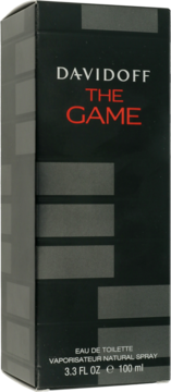 Czarne pudełko Davidoff The Game Eau de Toilette 100 ml, z czerwonym napisem, widok z przodu.