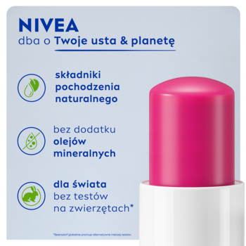 Różowa pomadka NIVEA na białej podstawie, z tekstami o naturalnym składzie i braku testów na zwierzętach.