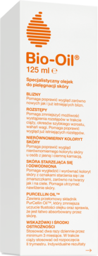 Bio-Oil olejek 125ml, białe opakowanie na blizny i rozstępy, pomarańczowe logo, widok z przodu.